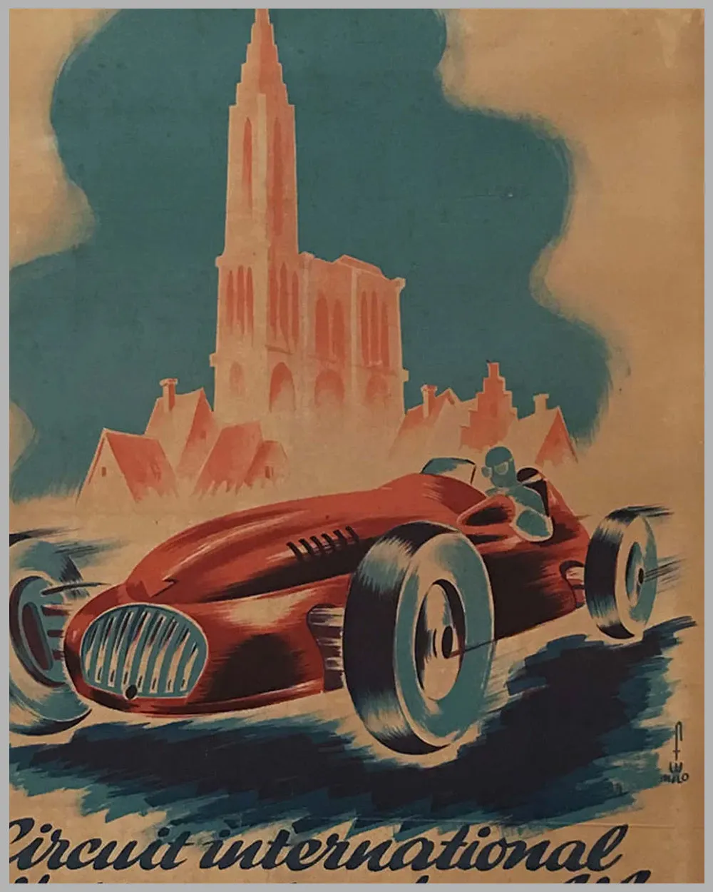 1947 Strasbourg Circuit International de vitesse pour automobiles et motorcycles original poster