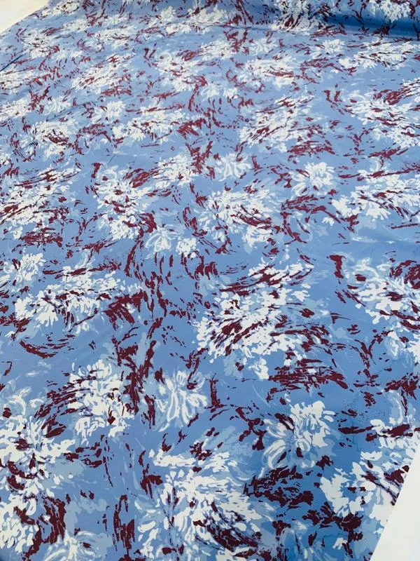 Abstract Painterly Blotchy Printed Silk Crepe de Chine - Periwinkle / Maroon / White