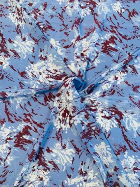 Abstract Painterly Blotchy Printed Silk Crepe de Chine - Periwinkle / Maroon / White