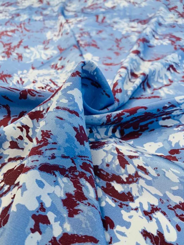 Abstract Painterly Blotchy Printed Silk Crepe de Chine - Periwinkle / Maroon / White