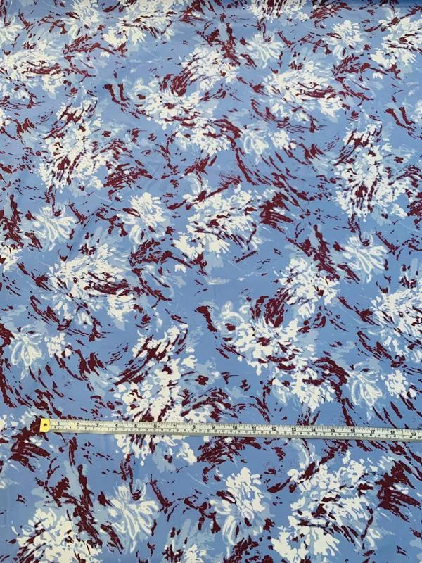 Abstract Painterly Blotchy Printed Silk Crepe de Chine - Periwinkle / Maroon / White