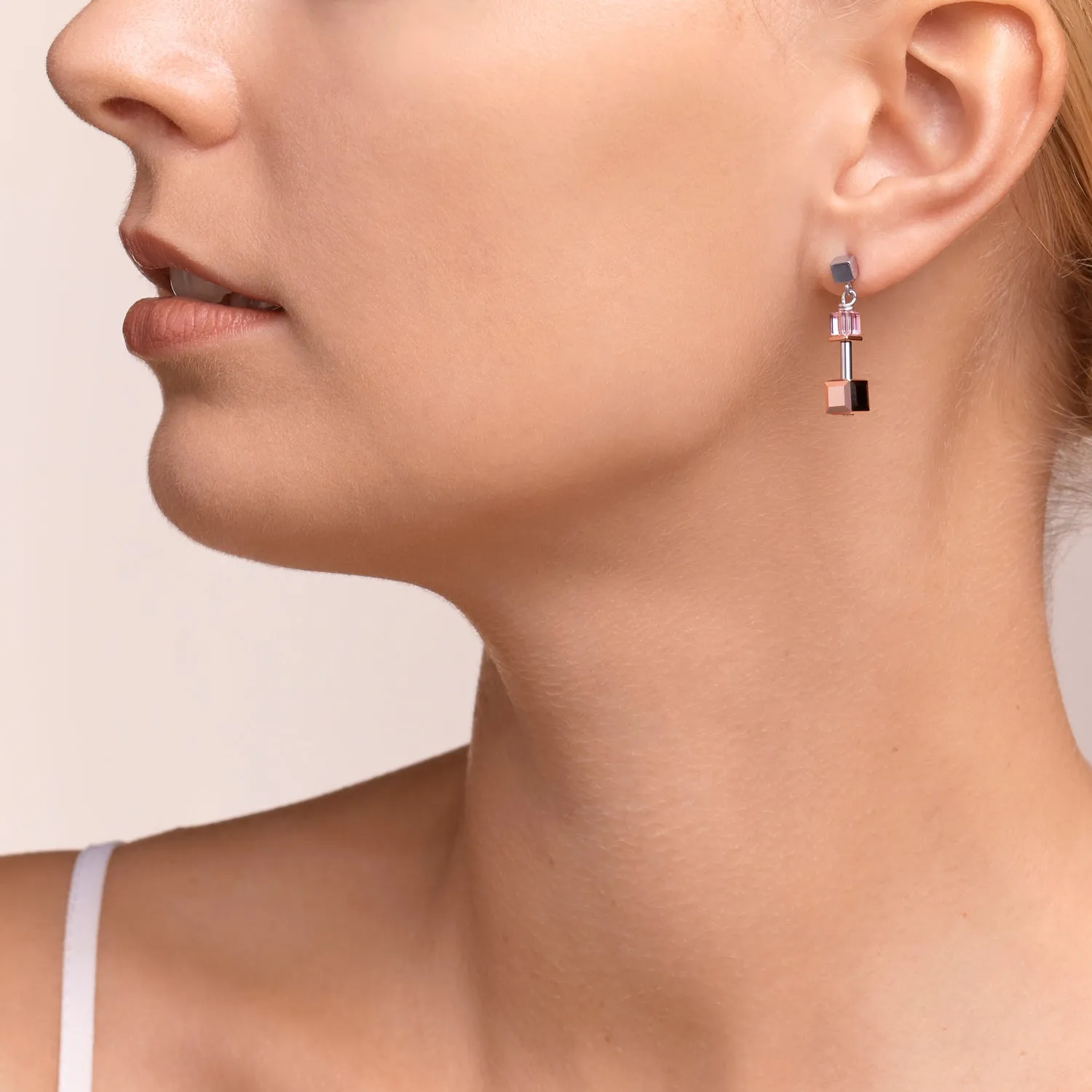 Earrings GeoCUBE® Crystals & stainless steel rose gold-silver multicolour Art Nouveau