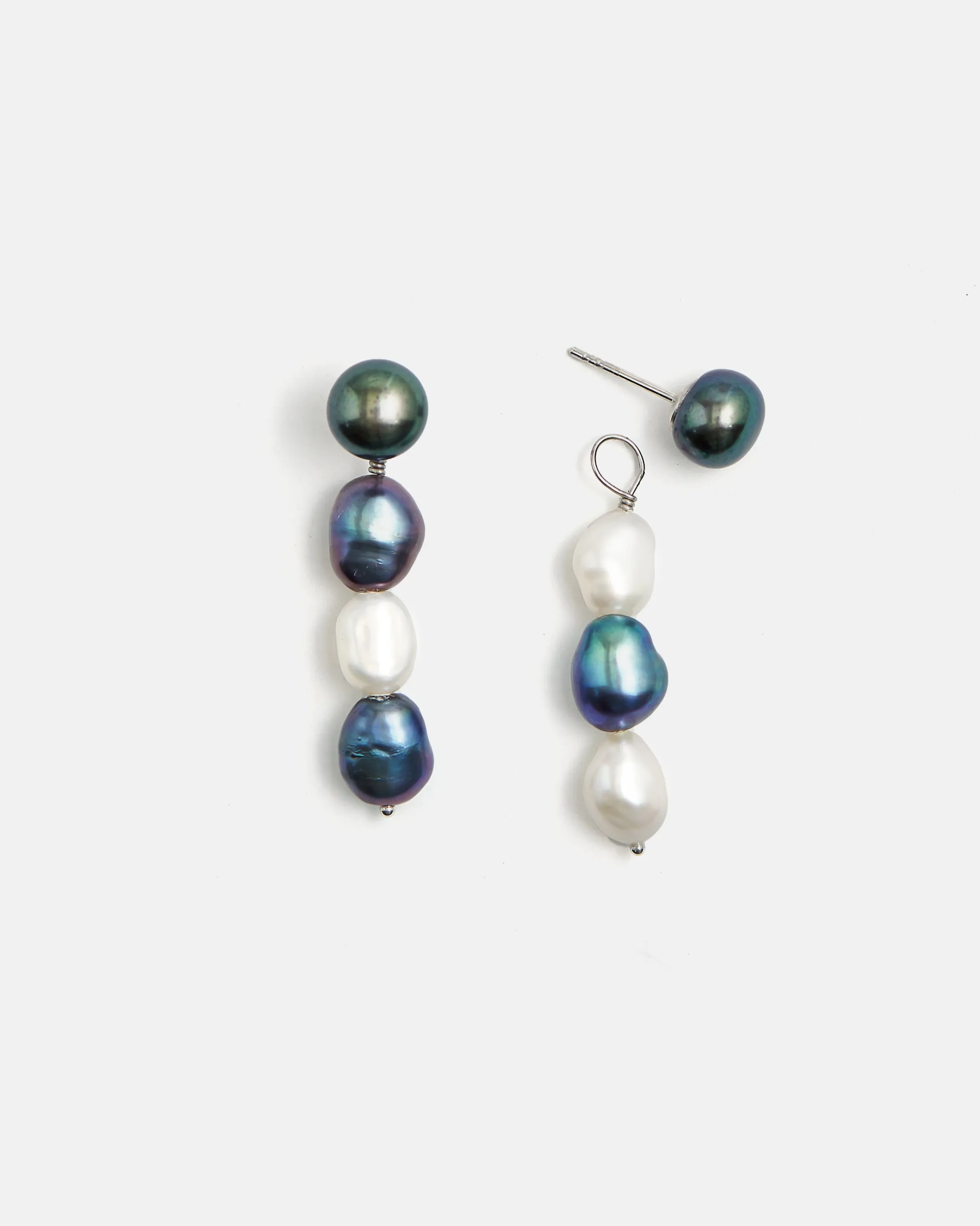 Neptune Black Iridescent and White Pearl Drop Earrings in White Gold